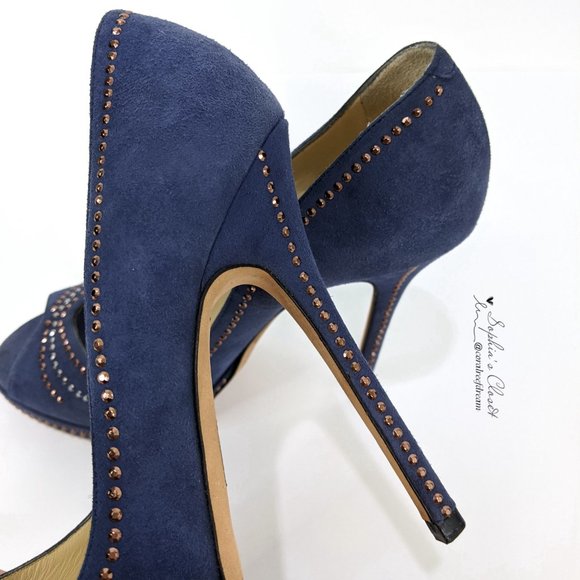 Jimmy Choo Blue Studded Suede Peep Toe High Heel - Picture 7 of 10